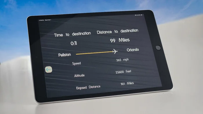 Robin app flight information panel showing altitude, speed and time remaining