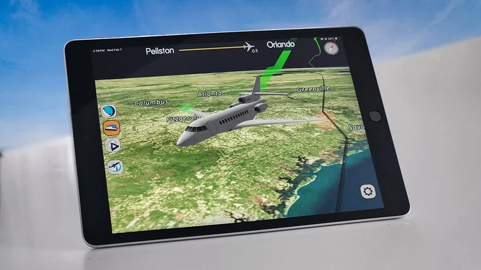 Close-in moving map view showing terrain detail beneath the aircraft